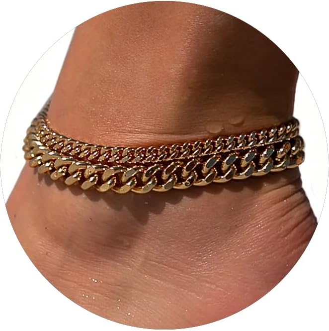 Cuban link anklet set, gold
